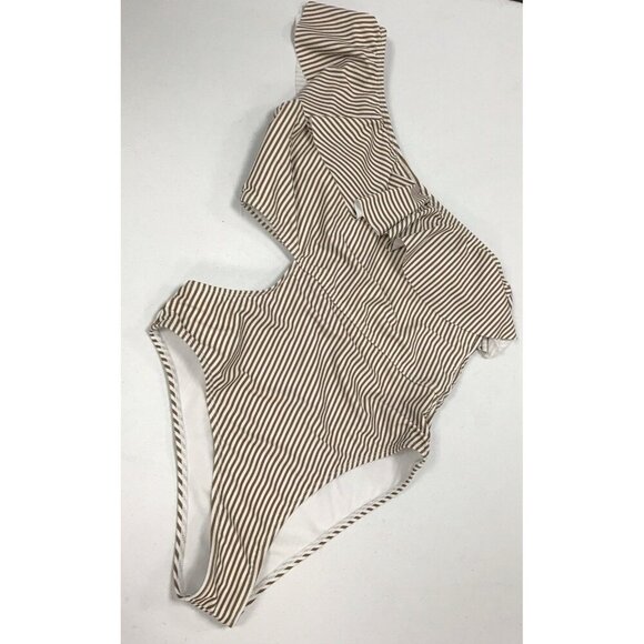 One Peice Size Cut  One Shoulder Brown/White Striped L Bathing Suit 🤍 - Picture 1 of 4
